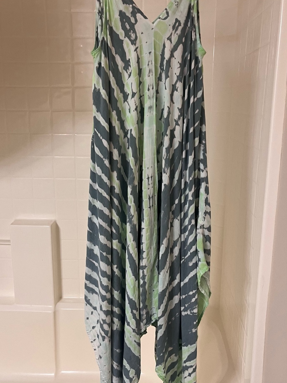 Sleeveless V-Neck Tie-Dye Maxi Dress in Green and Gray sundress